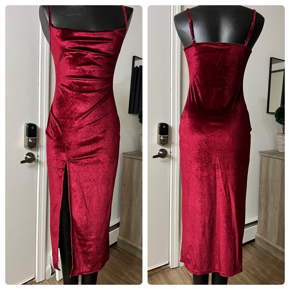 Burgundy Velvet Ruched Bodycon High Slit Dress